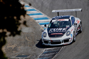 Michael Lewis attacks the famed "corkscrew" at Mazda Raceway Laguna Seca in the No. 98 Competition Motorsports/Curb-Agajanian Porsche 911 GT3 Cup car. Photo by Blake Blakely.