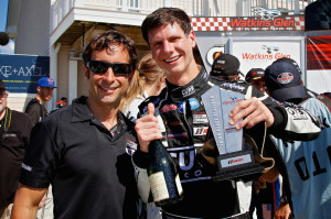 Competition Motorsports' team owner Bob Faieta celebrates with Michael Lewis after Michael's third-place finish on June 27, at Watkins Glen International.